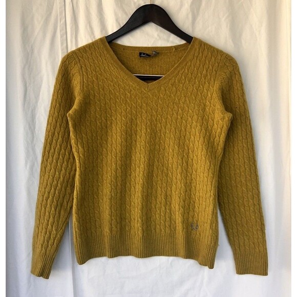 Fred Perry Mustard Yellow 100% Cashmere Sweater Women’s Size 8 Cable Knit Preppy - Picture 1 of 8
